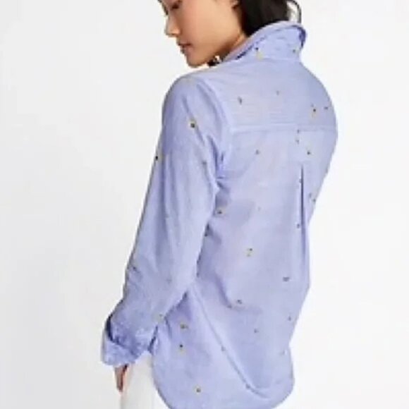 OLD NAVY  Button Up Shirt M The Classic  Blue Striped Avocado Pineapple - Picture 3 of 10